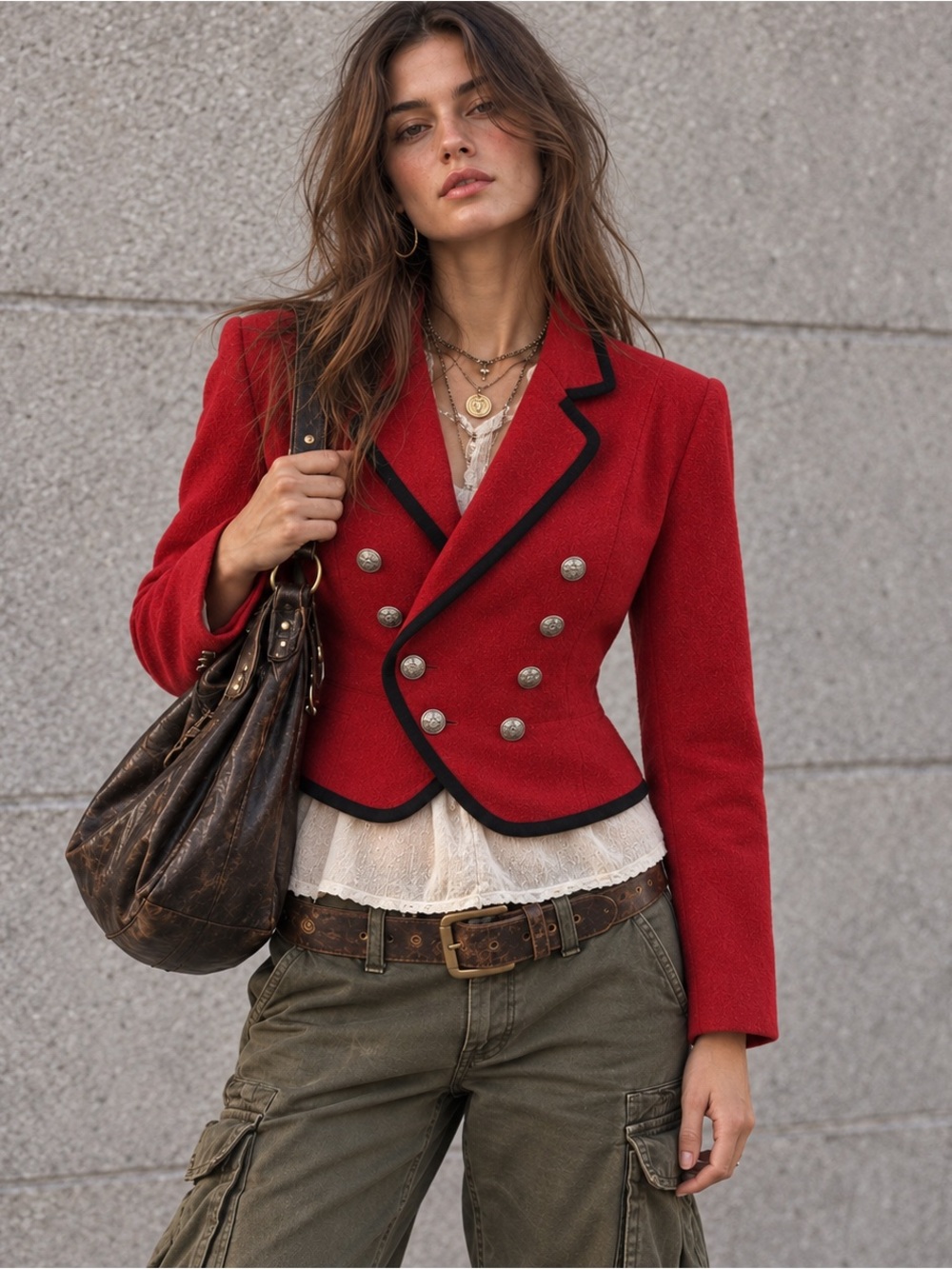 Vintage 90s Liz Wear Red Wool Cropped Military Jacket Double Breasted M 8